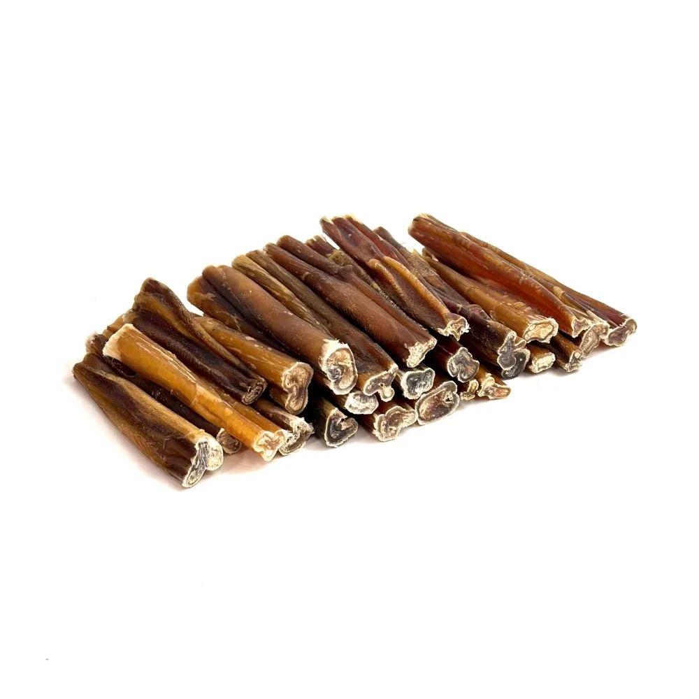 3"-5" Bully Sticks | Thin-Thick (~7-20g) | Low-Medium Odor 4 3"-5" straight bully sticks, thin-thick, low-medium odor, in a large stack