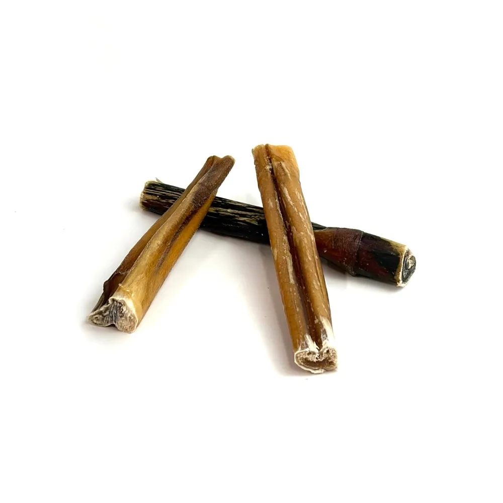3"-5" Bully Sticks | Thin-Thick (~7-20g) | Low-Medium Odor 2 3"-5" straight bully sticks, thin-thick, low-medium odor, in a small stack